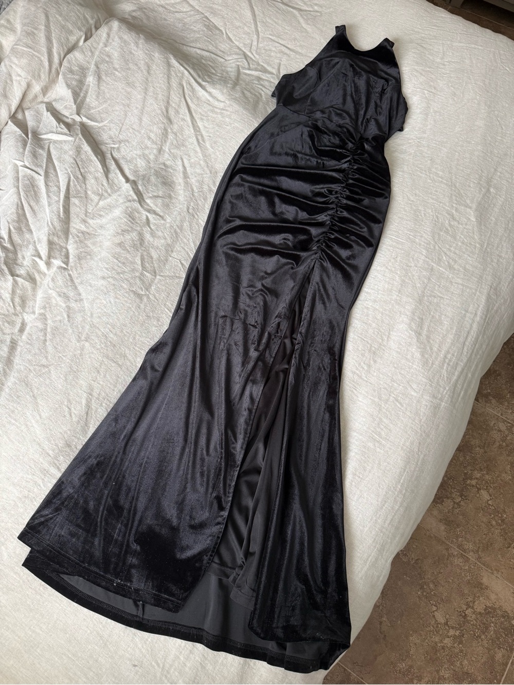 Windsor Black Velvet Halter Maxi Dress with Side Ruching